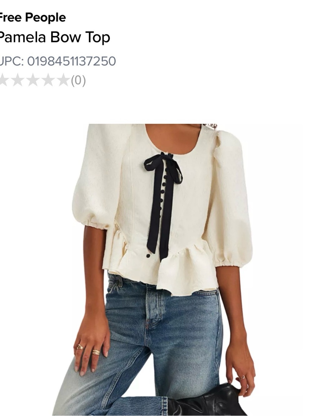 Free People Cream Puff-Sleeve Peplum Top with Black Ribbon
